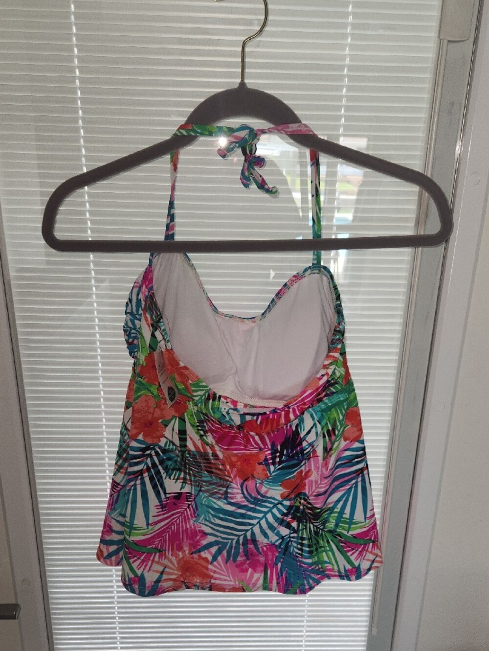 Women's Tropical Print Tankini Top One-Piece Swim Tank - Pink & Green - Picture 3 of 3